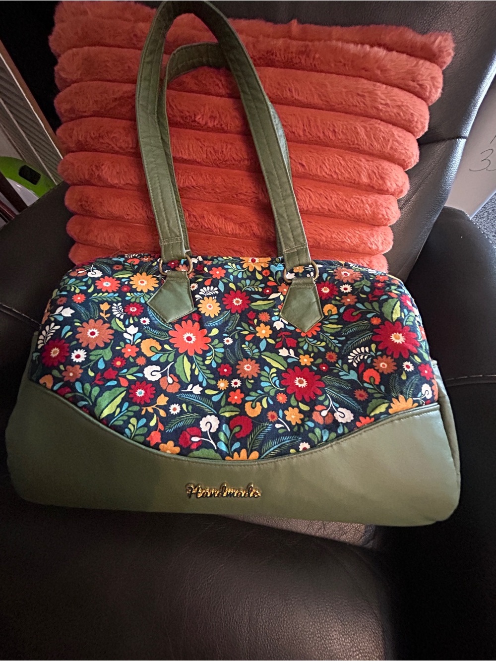 Handmade Floral Shoulder Bag – Olive Green & Navy Multicolor Boho Purse - Picture 6 of 14